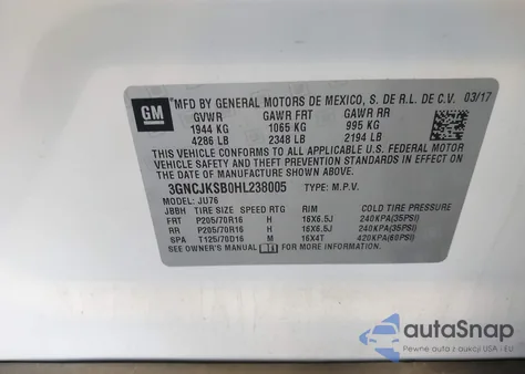 2017 Chevrolet Trax Ls z USA, uszkodzony, nr VIN 3GNCJKSB0HL238005